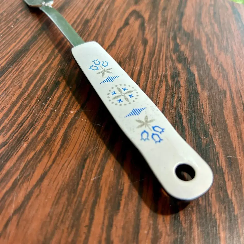 Vintage EKCO Carving Fork – White & Black Handle with Blue Folk Art Design